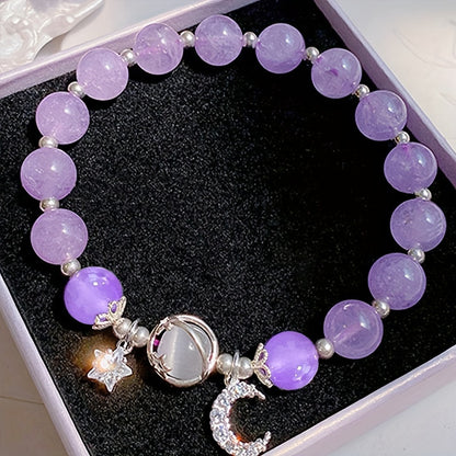 Charming Purple Cat Eye Stone Bead Bracelet with Moon & Star Charm