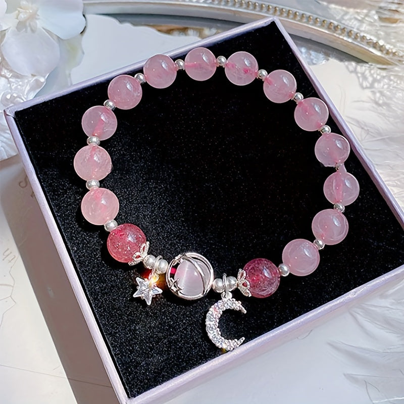 Charming Purple Cat Eye Stone Bead Bracelet with Moon & Star Charm