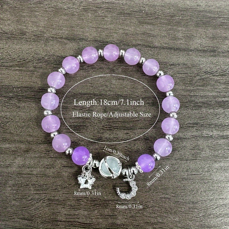 Charming Purple Cat Eye Stone Bead Bracelet with Moon & Star Charm