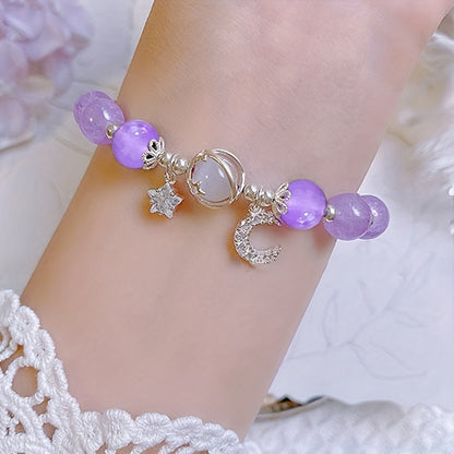 Charming Purple Cat Eye Stone Bead Bracelet with Moon & Star Charm