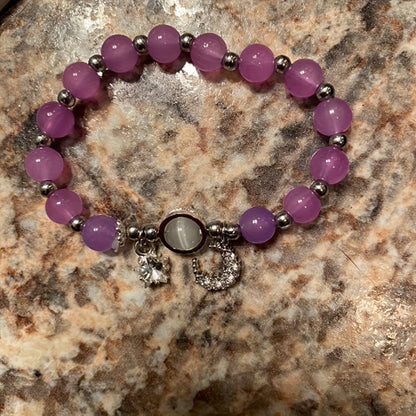 Charming Purple Cat Eye Stone Bead Bracelet with Moon & Star Charm