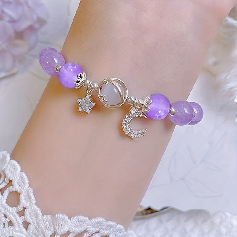 Charming Purple Cat Eye Stone Bead Bracelet with Moon & Star Charm