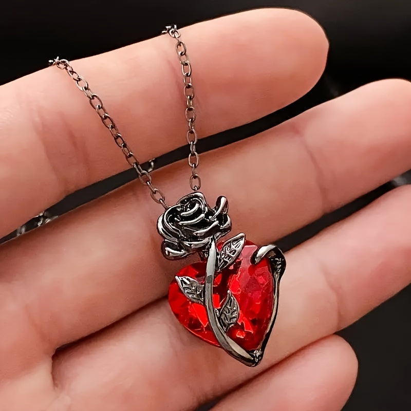 Black Rose &amp; Red Heart Pendant Necklace – Vintage punk elegancia Valentin-napra