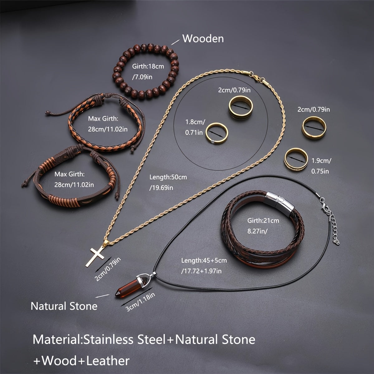 Casual 10-Piece Men's Jewelry Set – Stainless Steel & Natural Stone Accessories