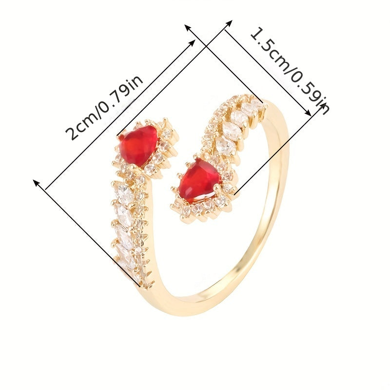 Elegant Adjustable Open Ring with Wheat Sheaf Design & Heart-Shaped Synthetic Cubic Zirconia - Copper Base