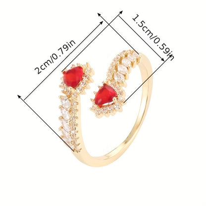 Elegant Adjustable Open Ring with Wheat Sheaf Design & Heart-Shaped Synthetic Cubic Zirconia - Copper Base