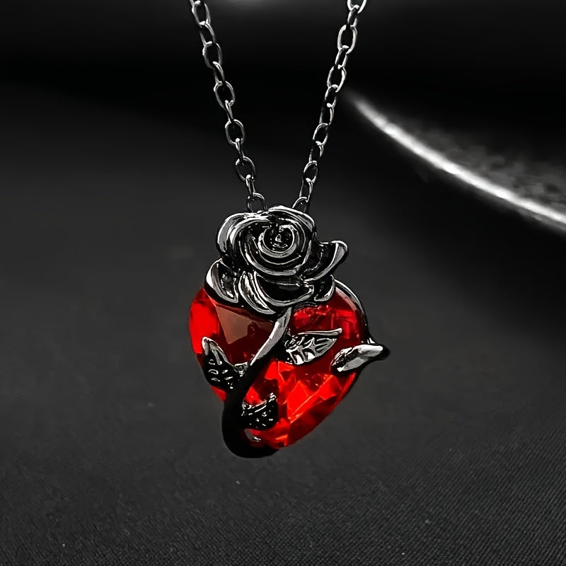 Black Rose &amp; Red Heart Pendant Necklace – Vintage punk elegancia Valentin-napra