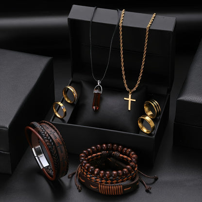 Casual 10-Piece Men's Jewelry Set – Stainless Steel & Natural Stone Accessories