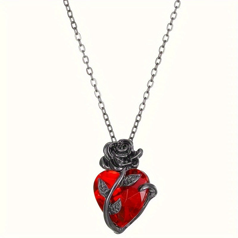 Black Rose &amp; Red Heart Pendant Necklace – Vintage punk elegancia Valentin-napra