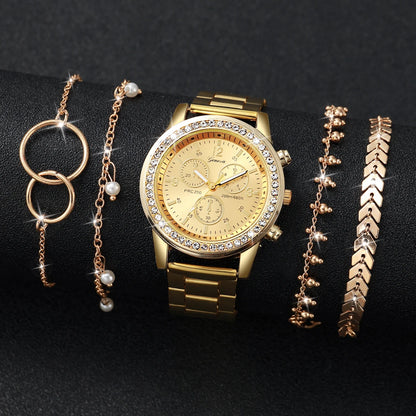 Women’s Golden Stainless Steel Quartz Watch & Bracelet Set