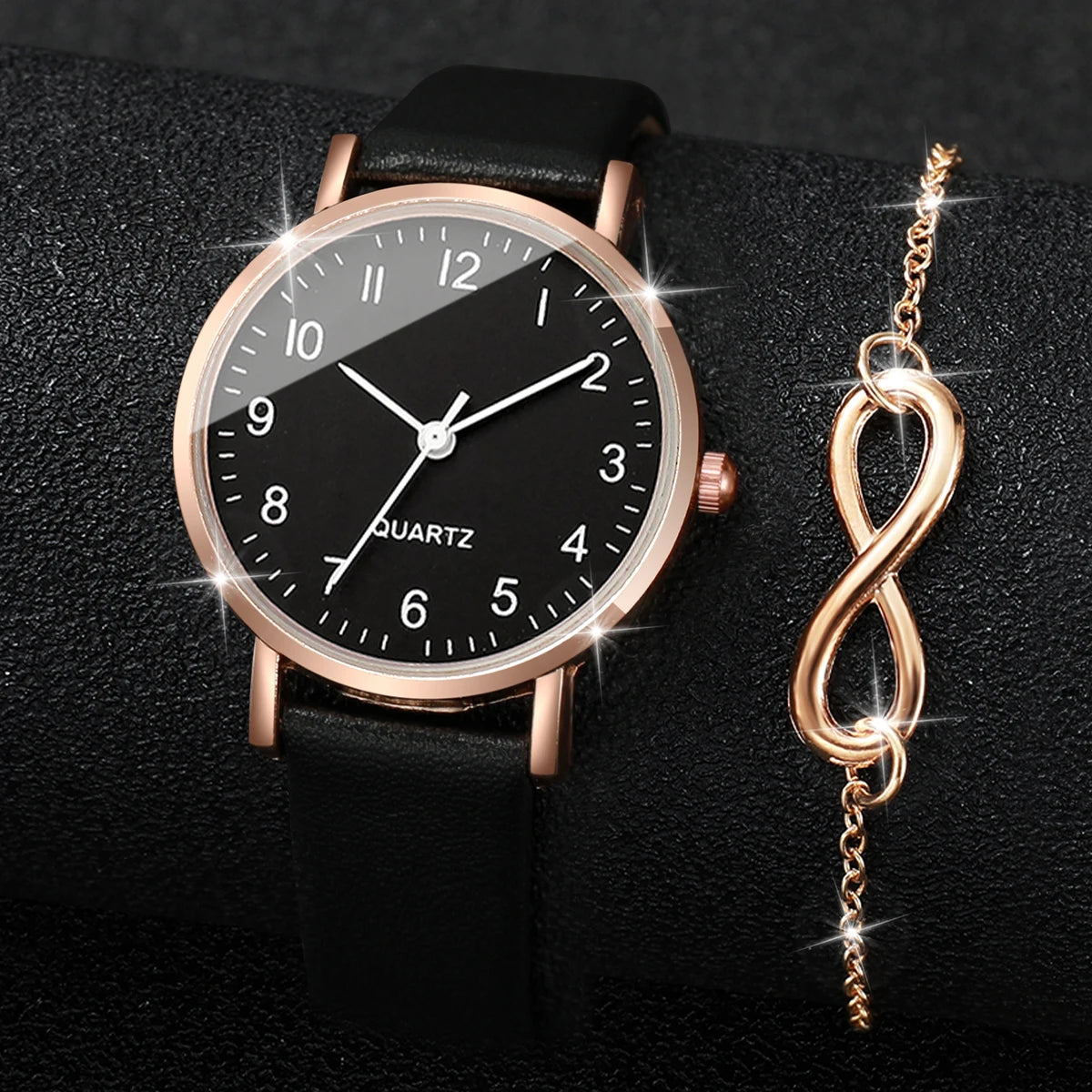 Unisex Leather Band Quartz Watch & Bracelet Set 4PCS