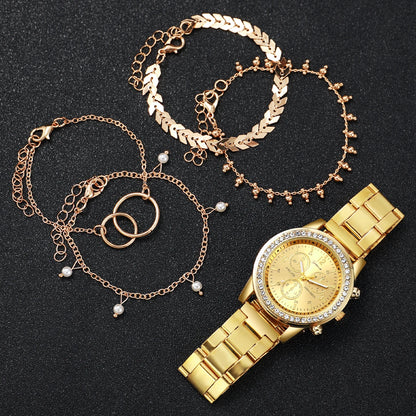 Women’s Golden Stainless Steel Quartz Watch & Bracelet Set