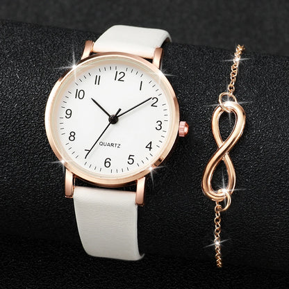 Unisex Leather Band Quartz Watch & Bracelet Set 4PCS