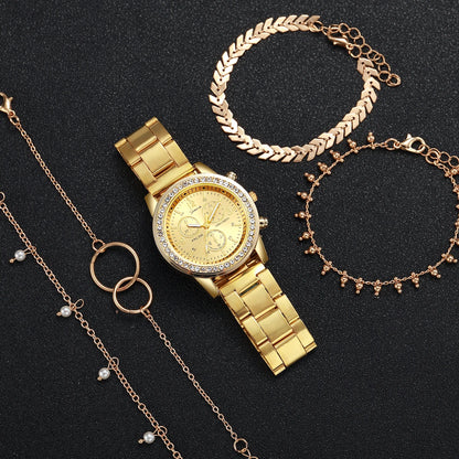 Women’s Golden Stainless Steel Quartz Watch & Bracelet Set