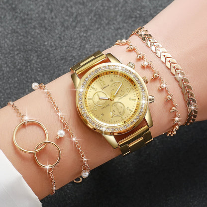 Women’s Golden Stainless Steel Quartz Watch & Bracelet Set