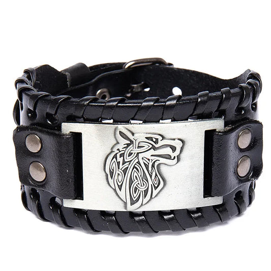 Viking Wolf Rune Wrap Leather Bracelet for Men